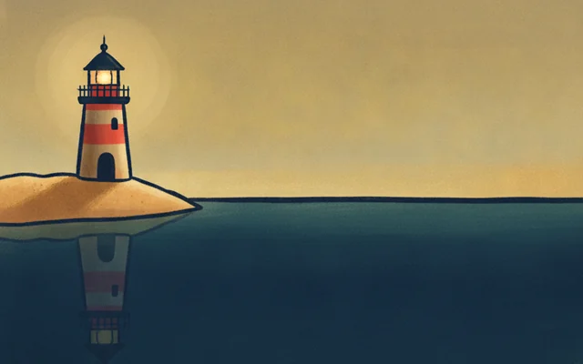 Sunny Cove โ a little lighthouse on a sandy point at golden hour.