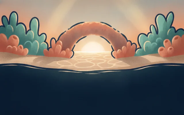 Coral Reef โ a coral arch over bright shallow water.