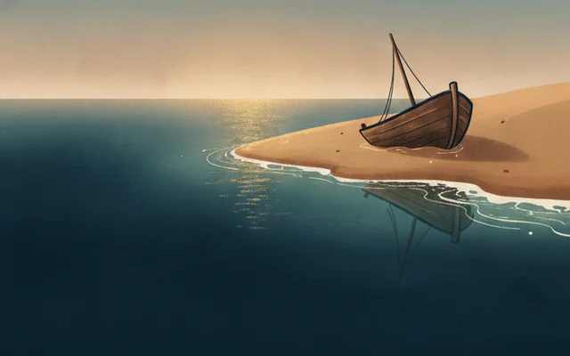 Shipwreck Bay โ an old hull resting on a quiet sandy shore.