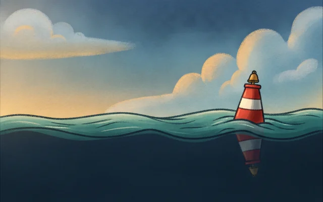 Open Sea โ a striped buoy bell rolling on open water.