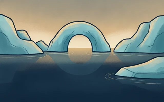 Glacier Drift โ a pale blue ice arch above still water.