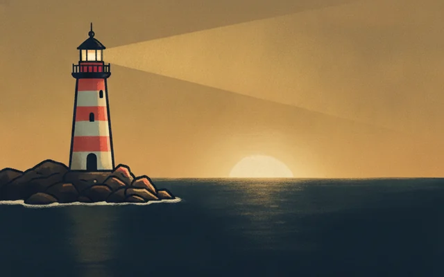 Lighthouse Point โ the grand lighthouse against a golden sunset.